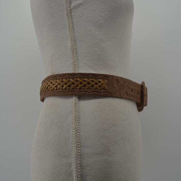 Western Leather Belt Tooled Stitched Brown Cowboy Size 28 - Picture 3 of 13